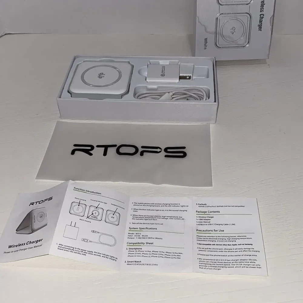 RTOPS 3 In 1 Portable Magnetic Wireless Charger IPhone Apple Watch AirPods White